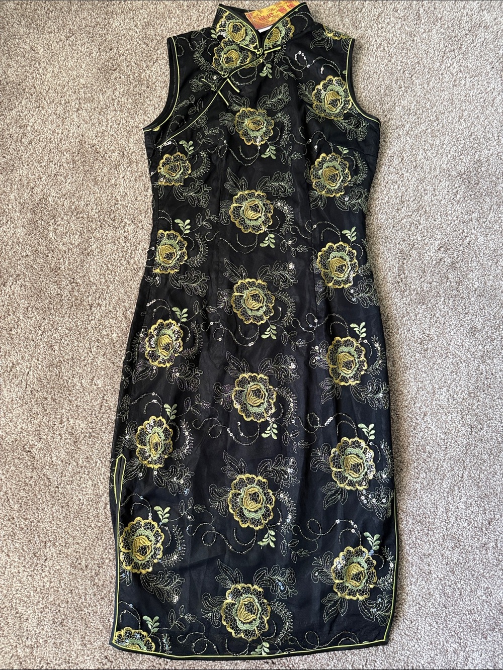 Black Midi Cheongsam Dress with Yellow Floral Embroidery